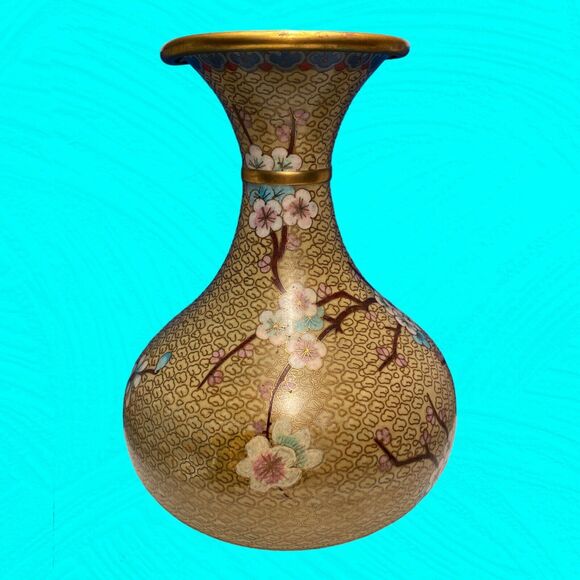 Vintage Asian Cloisonne Vase Bottle Bird Cherry Blossoms 9" Tall READ - Picture 4 of 11